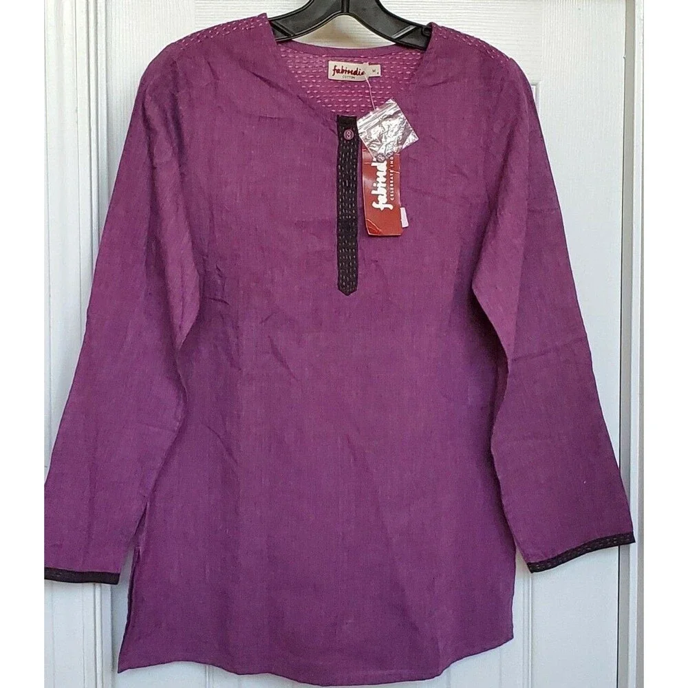 New Fabindia Purple eggplant woven Print Cotton Gota trim Tunic Top shirt sz M